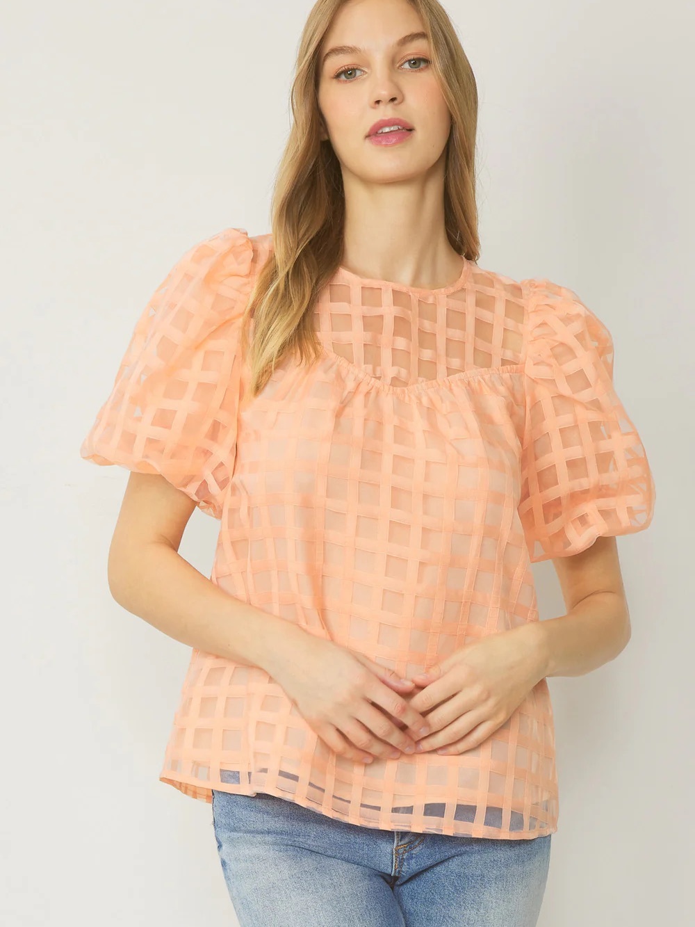 Peach Grid Puff-Sleeve Chiffon Top